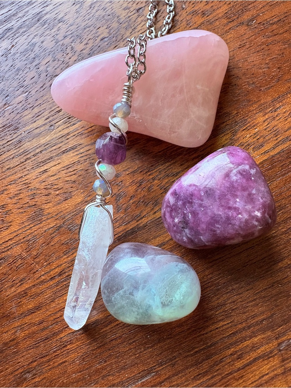 Aura Quartz Crystal Wire Wrapped Pendant Necklace with Amethyst